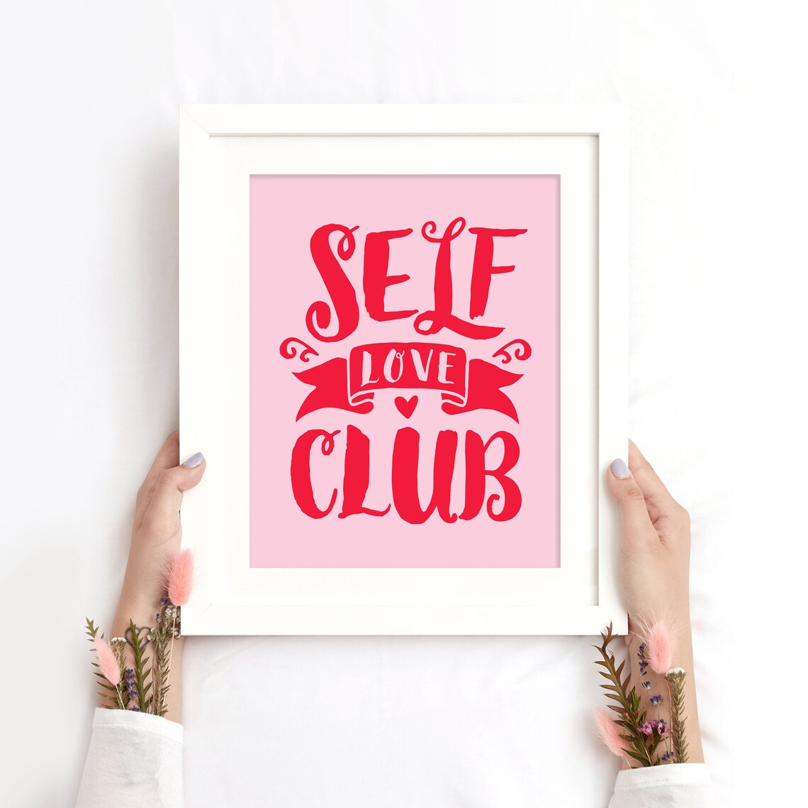 Self Love Club Hand Lettered Pink Ribbon Heart Quote Art Poster - Image 2