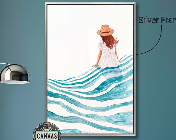 Girl In Straw Hat Sitting On Turquoise Waves Minimalist Ocean Art Poster