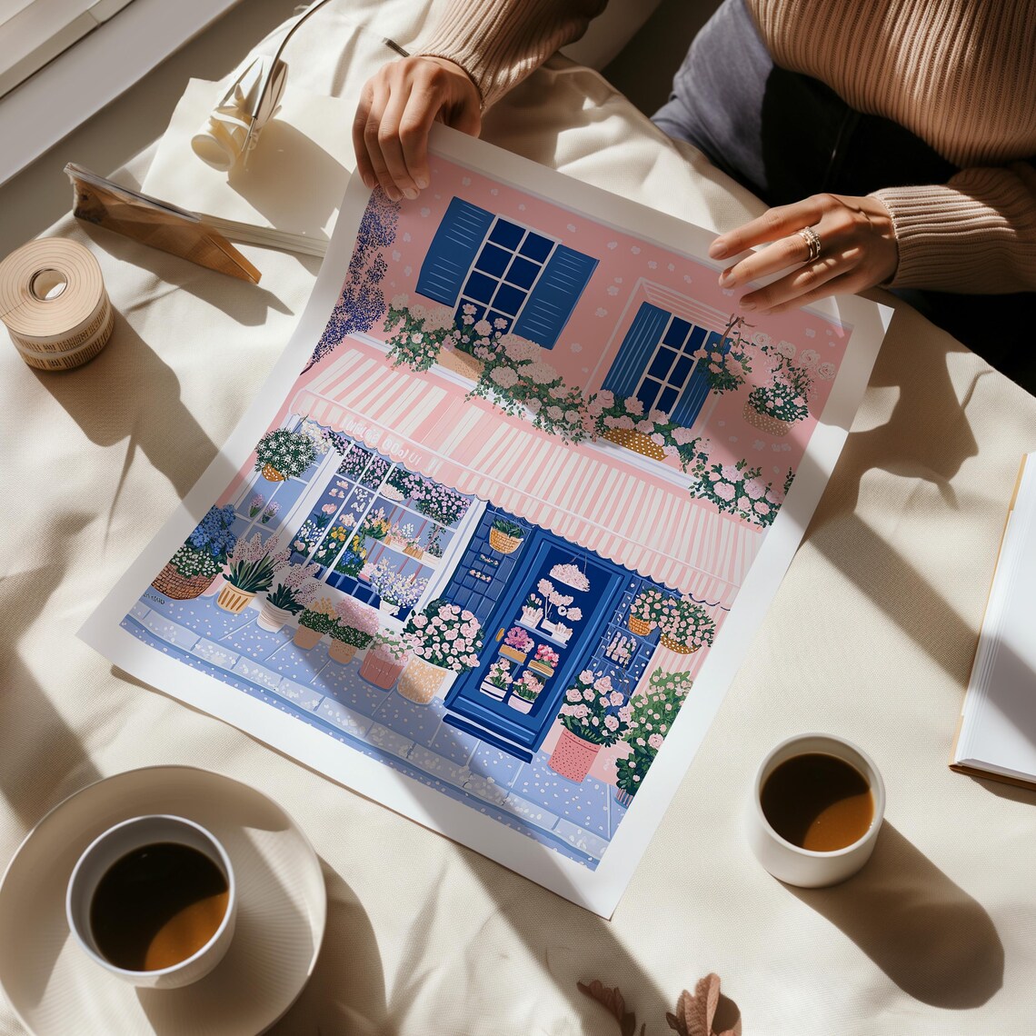 Pink Flower Shop Storefront with Striped Awning Floral Poster - Image 2