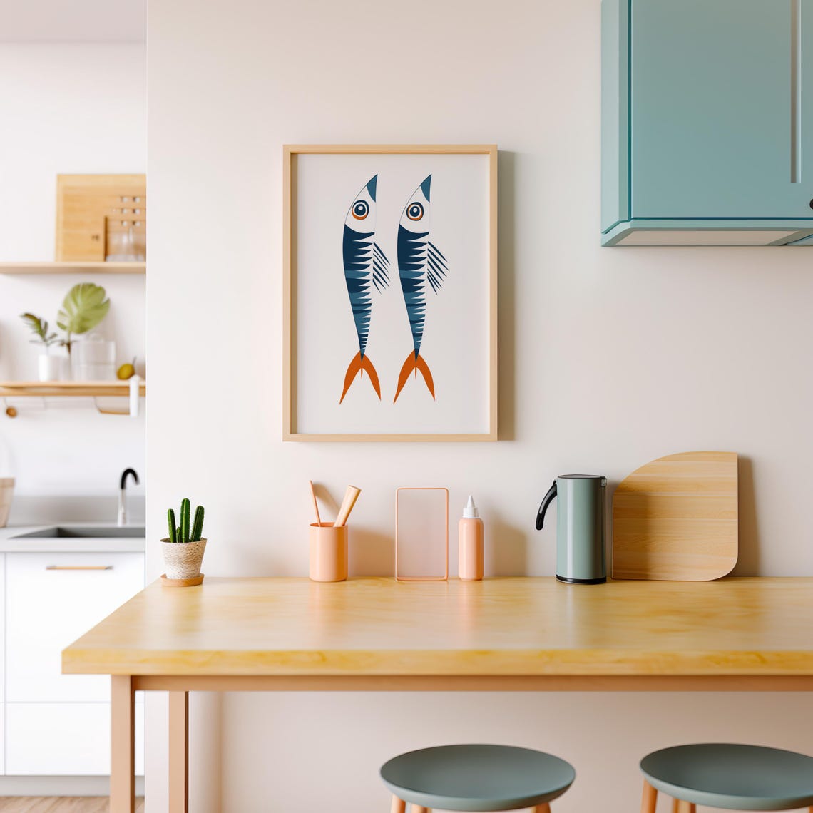Two Geometric Sardines In Navy And Orange On White Art Poster - Image 4