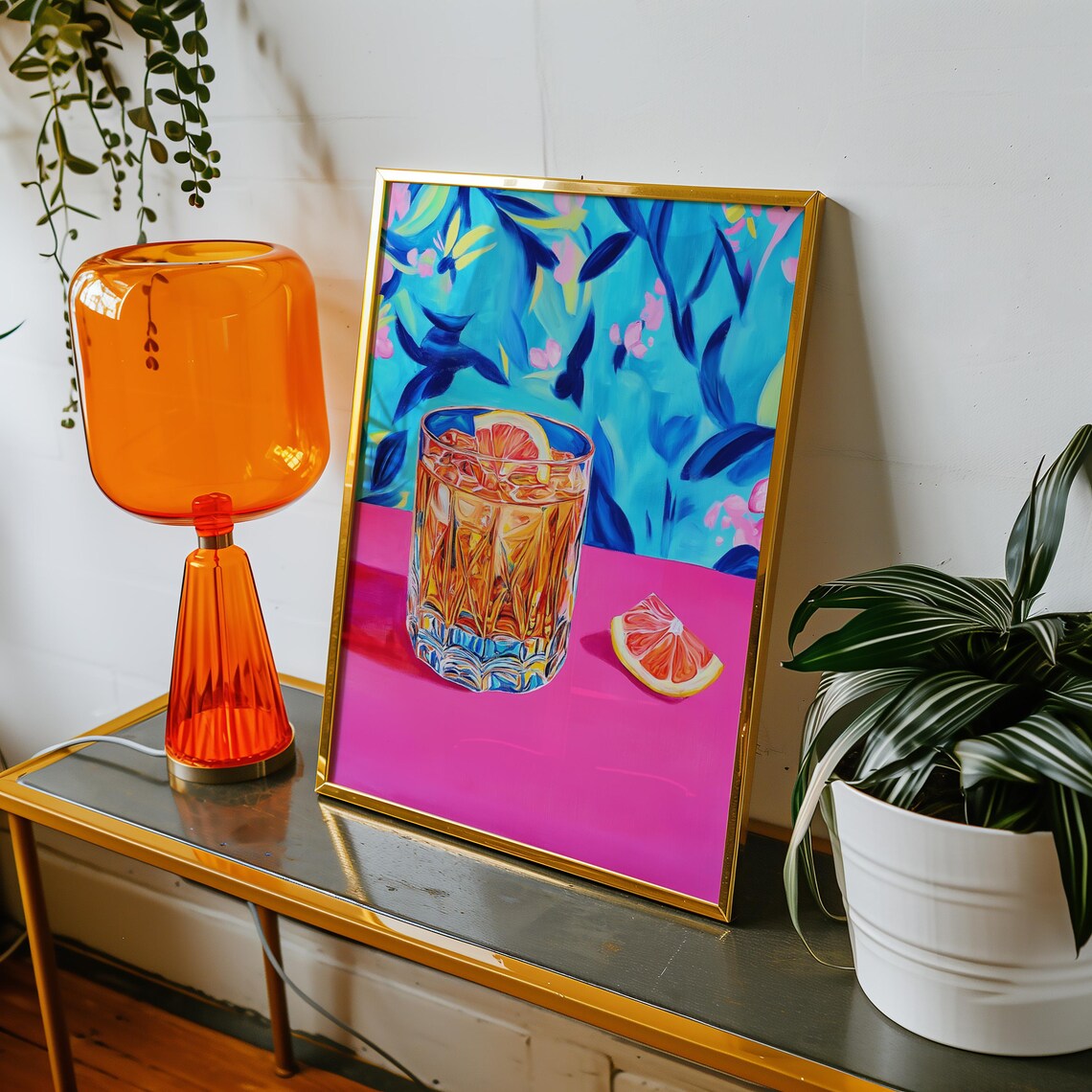 Negroni Cocktail In Crystal Glass With Grapefruit On Pink Art Poster - Image 2