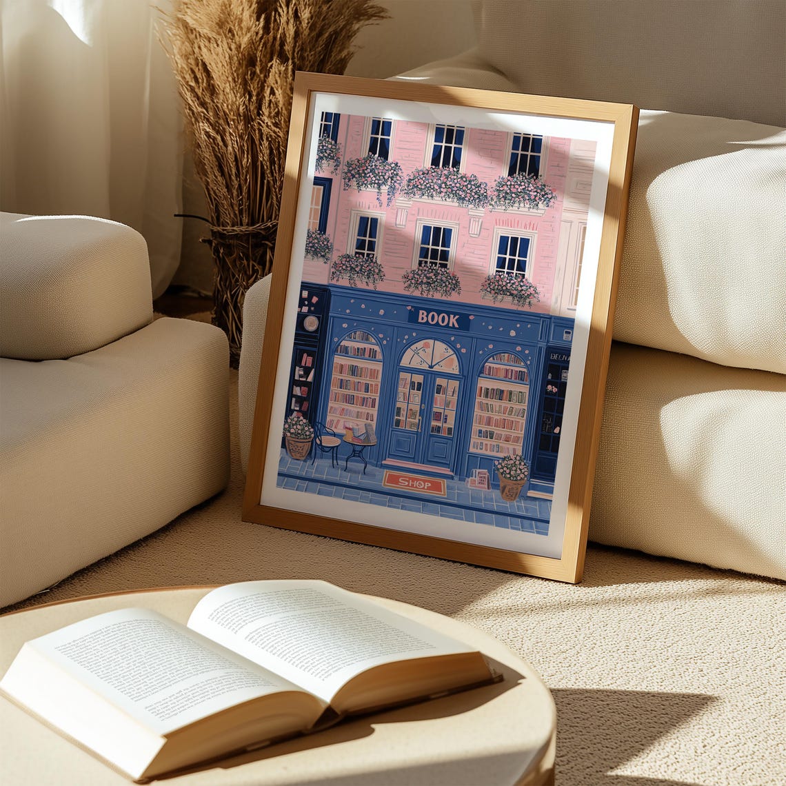 Blue Bookshop Storefront With Pink Building And Cafe Table Poster - Image 4