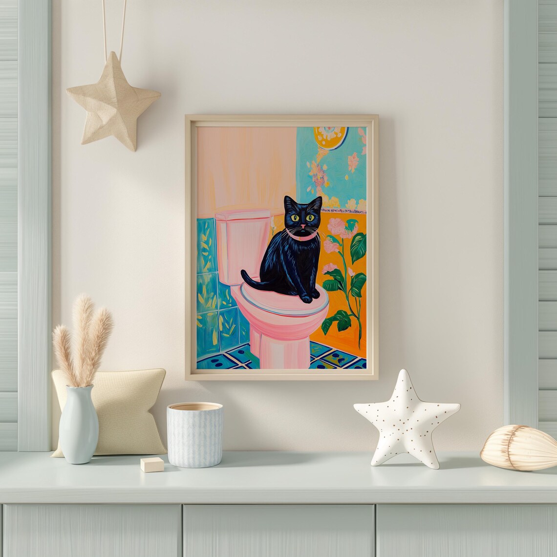 Black Cat With Pink Collar on a Tropical Bathroom Toilet Poster - Image 4