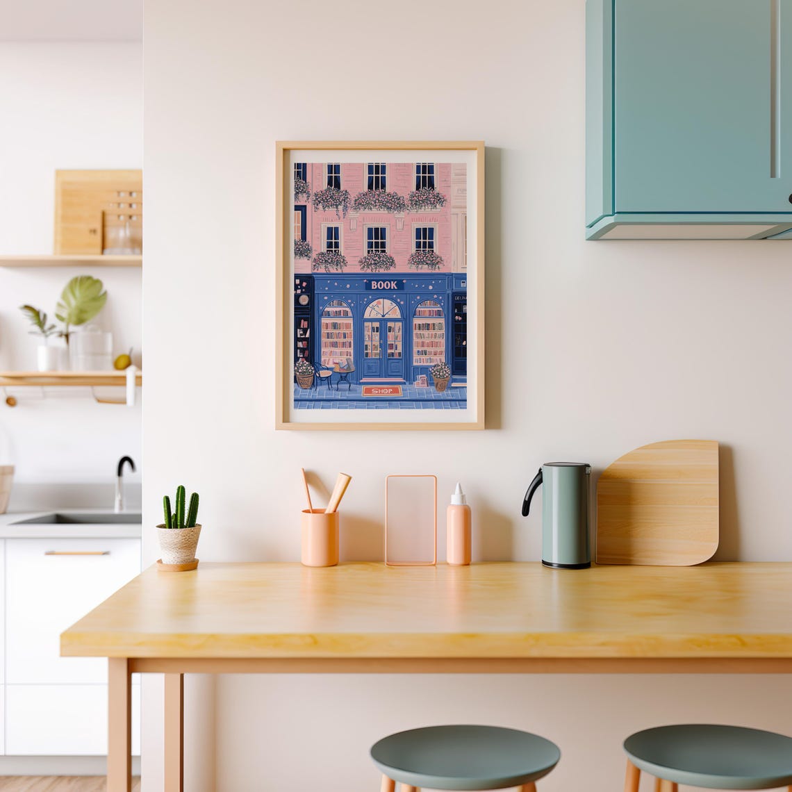 Blue Bookshop Storefront With Pink Building And Cafe Table Poster - Image 2
