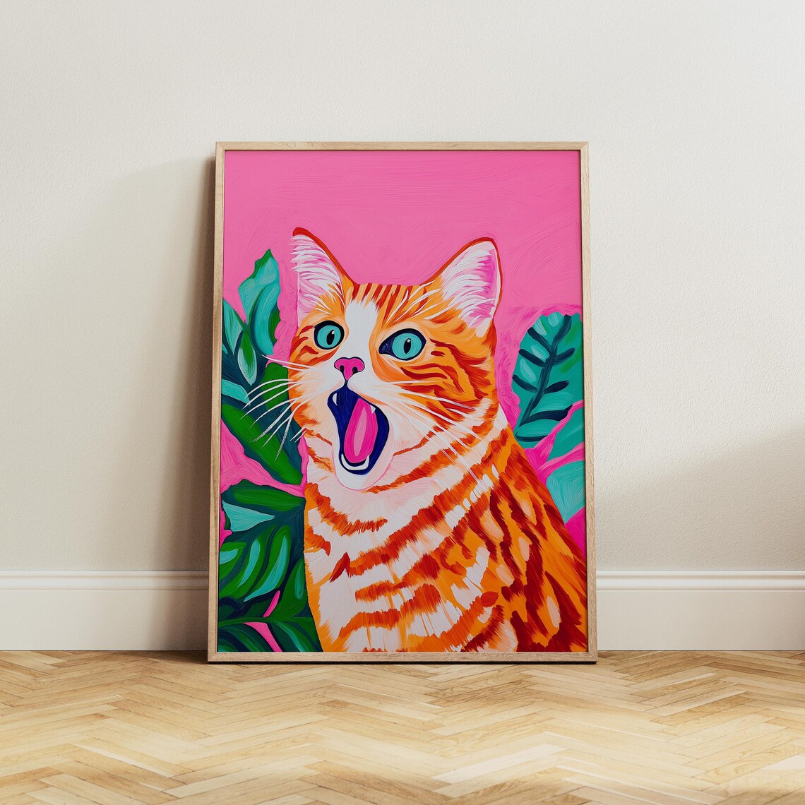 Yawning Orange Tabby Cat With Big Blue Eyes On Pink Art Poster - Image 2