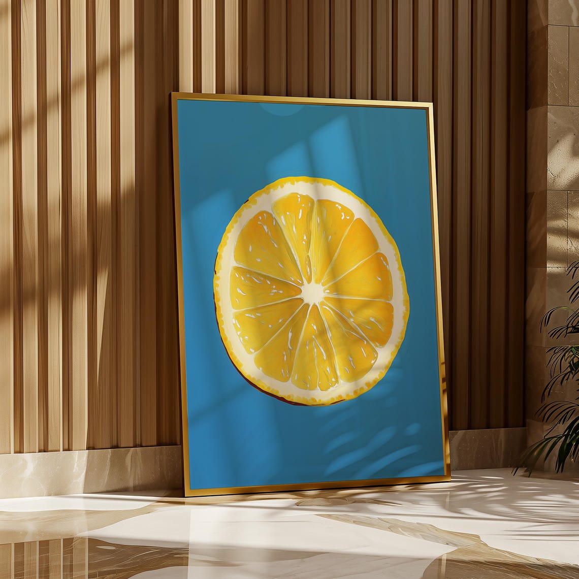Giant Pop Art Lemon Slice on Bright Blue Background Wall Art - Image 3