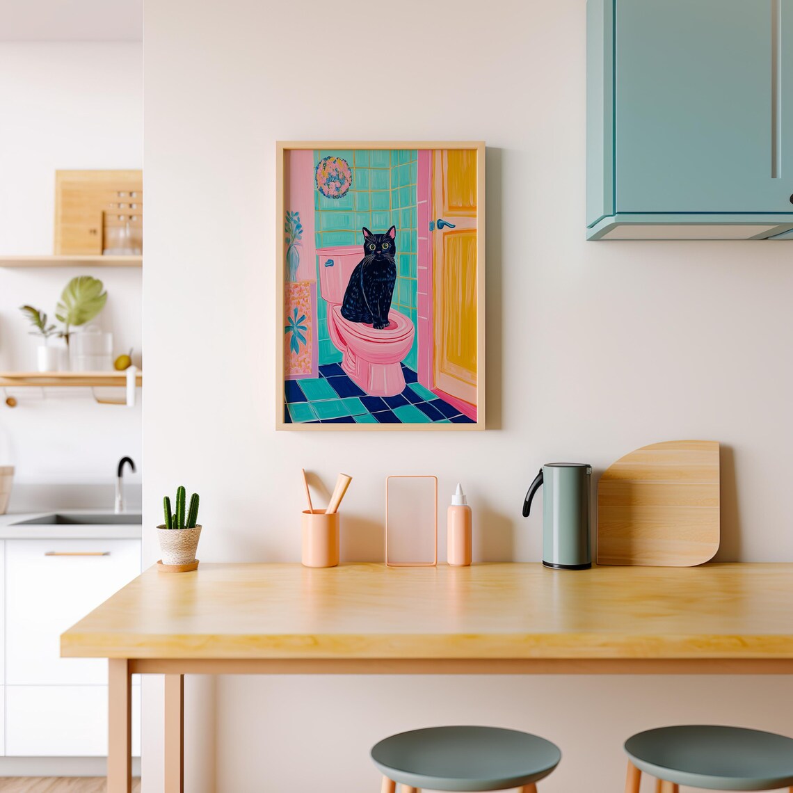 Black Cat on a Pink Toilet in a Colorful Retro Bathroom Poster - Image 5