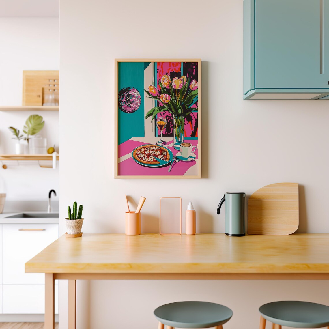 Pop Art Still Life With Tulips Pizza Wine And Disco Ball Poster - Image 3