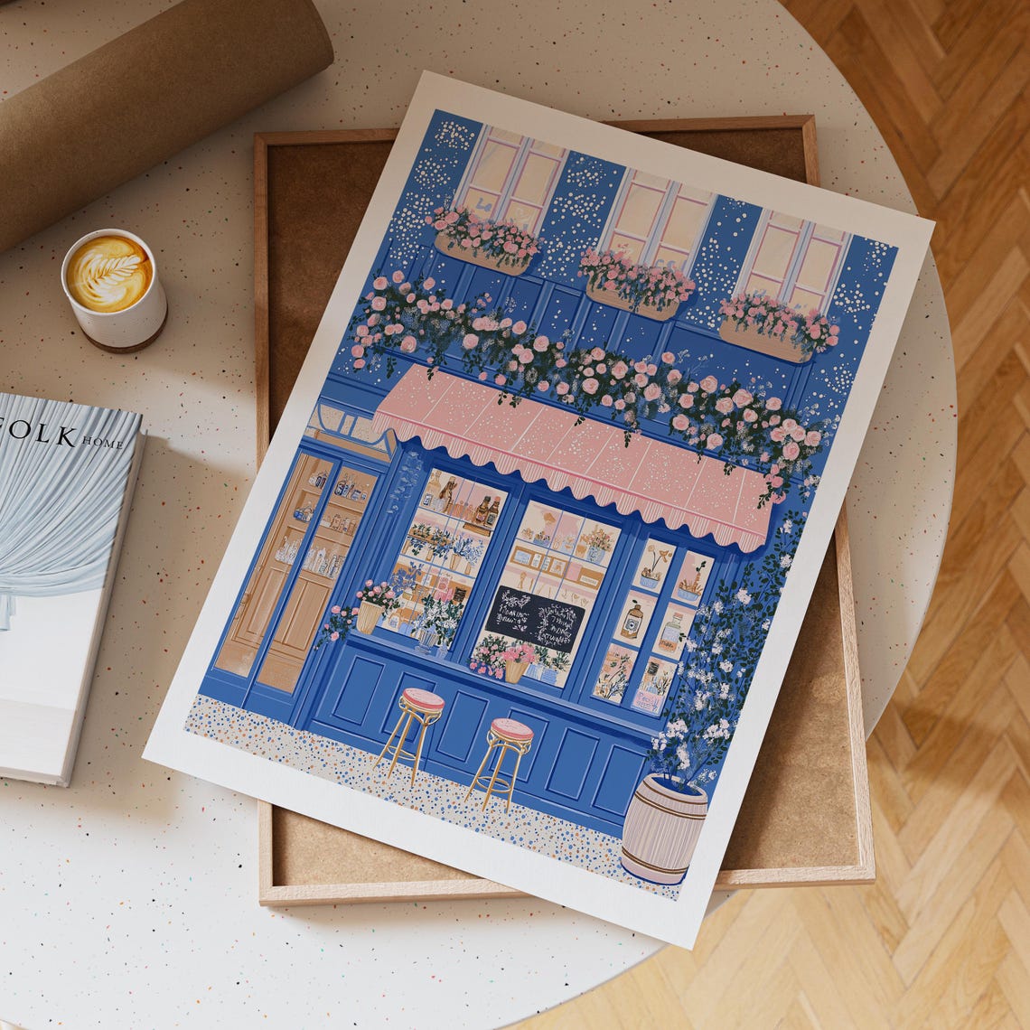 Blue Cafe Storefront With Pink Awning Bar Stools And Roses Poster - Image 6
