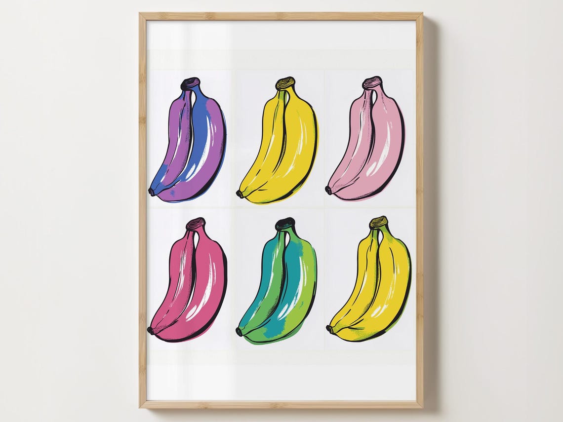 Six Pop Art Bananas in Bold Colors on a White Grid Design Wall Art