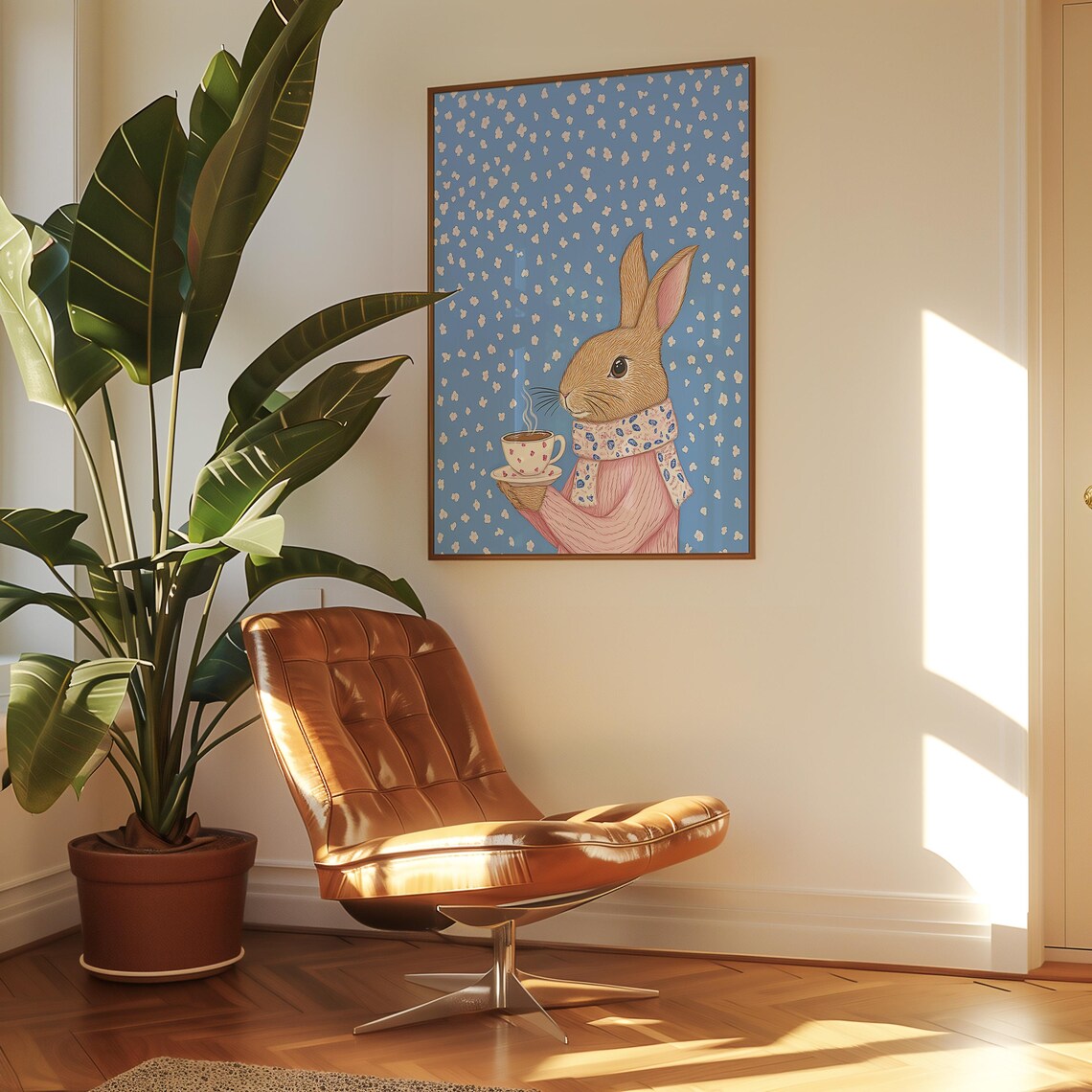 Cozy Rabbit In A Pink Sweater Holding A Hot Cup Of Tea Poster - Image 2