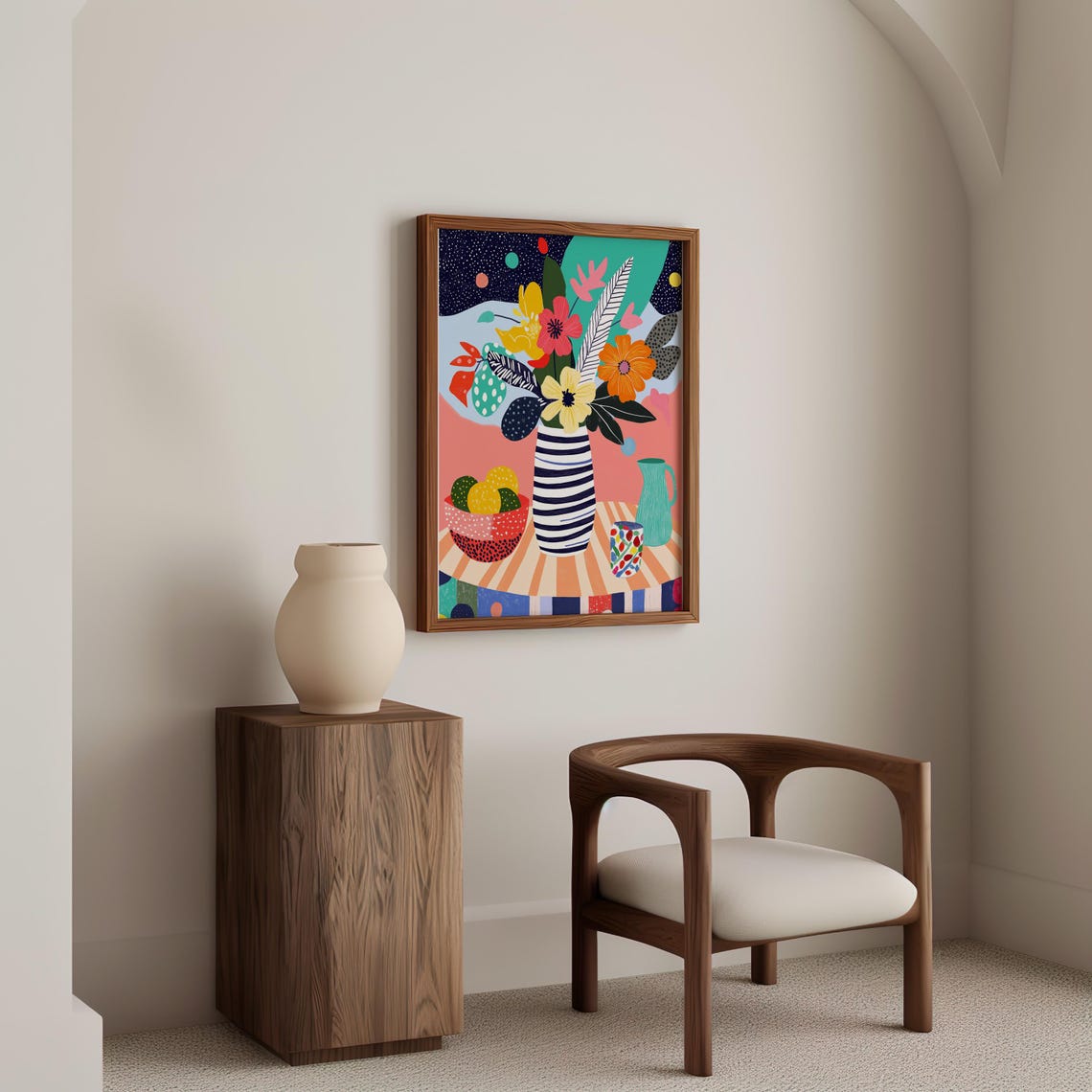 Naive Floral Still Life in Striped Vase With Lemons Wall Art - Image 4