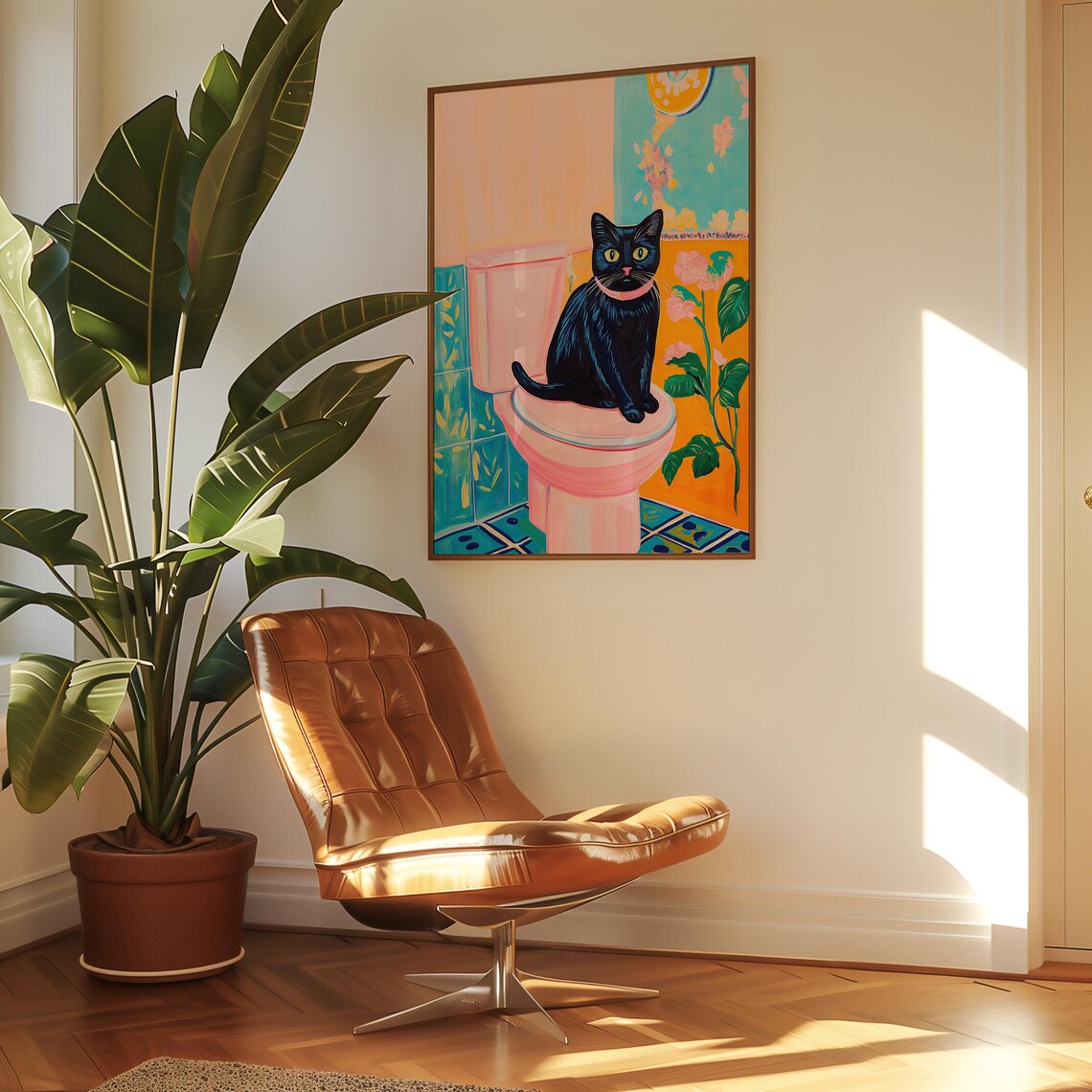 Black Cat With Pink Collar on a Tropical Bathroom Toilet Poster - Image 3