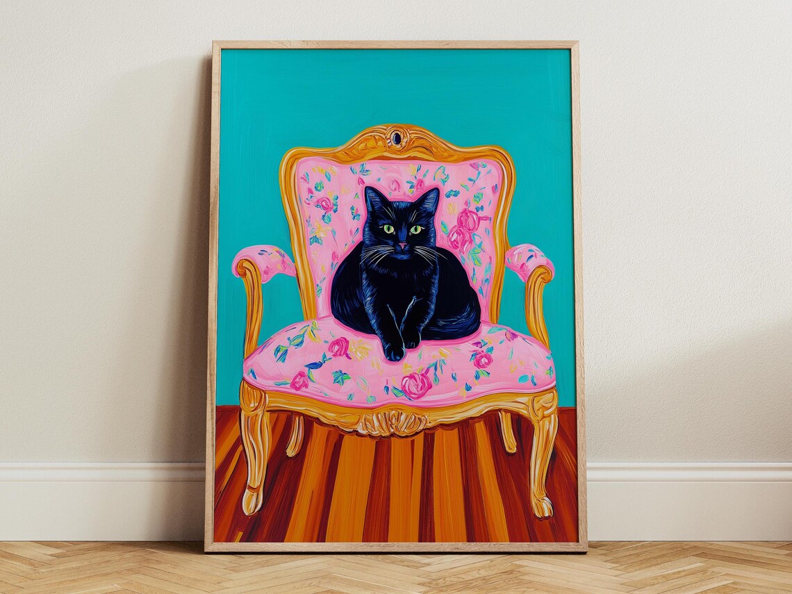 Regal Black Cat Seated on a Pink Floral Armchair Pop Art Poster