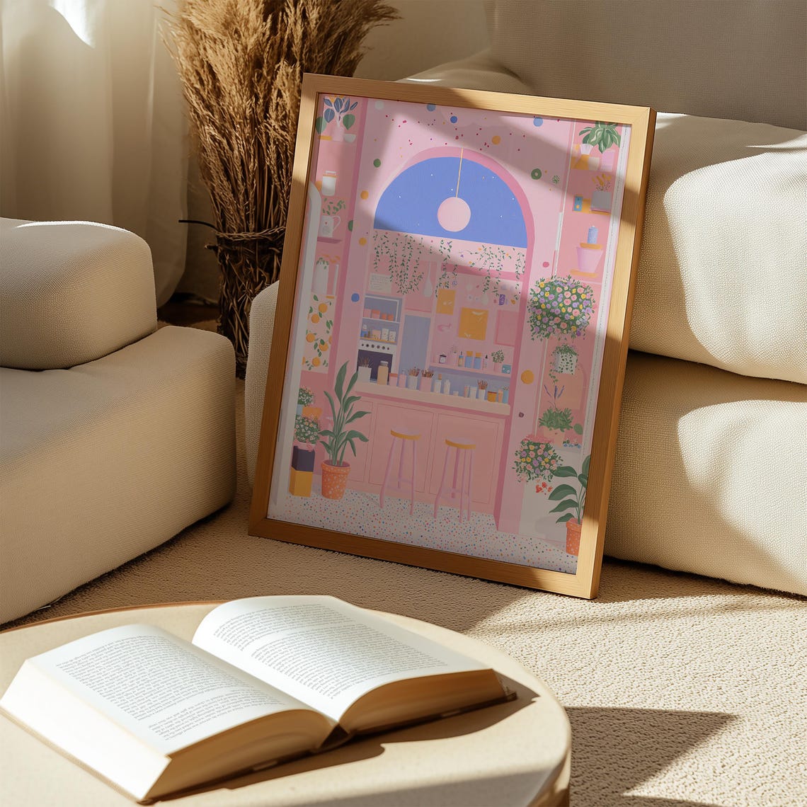 Pink Coffee Shop Interior With Arched Window Illustration Poster - Image 2