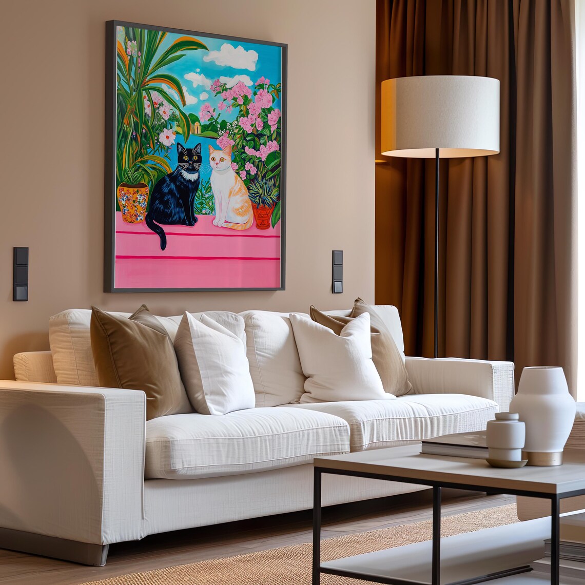 Two Cats Sitting Among Tropical Flowers Overlooking The Sea Poster - Image 2