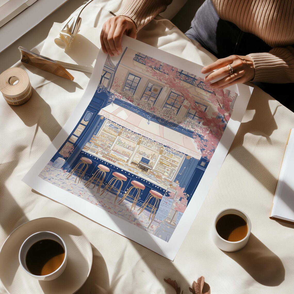 Coffee Bar Counter with Pink Stools and Cherry Blossoms Poster - Image 3