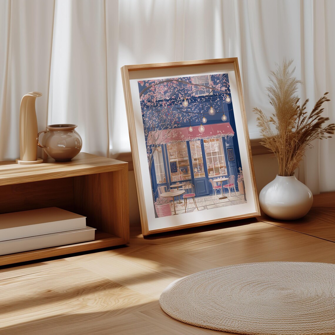 Evening Cafe with Glowing String Lights and Pink Awning Art Poster - Image 4