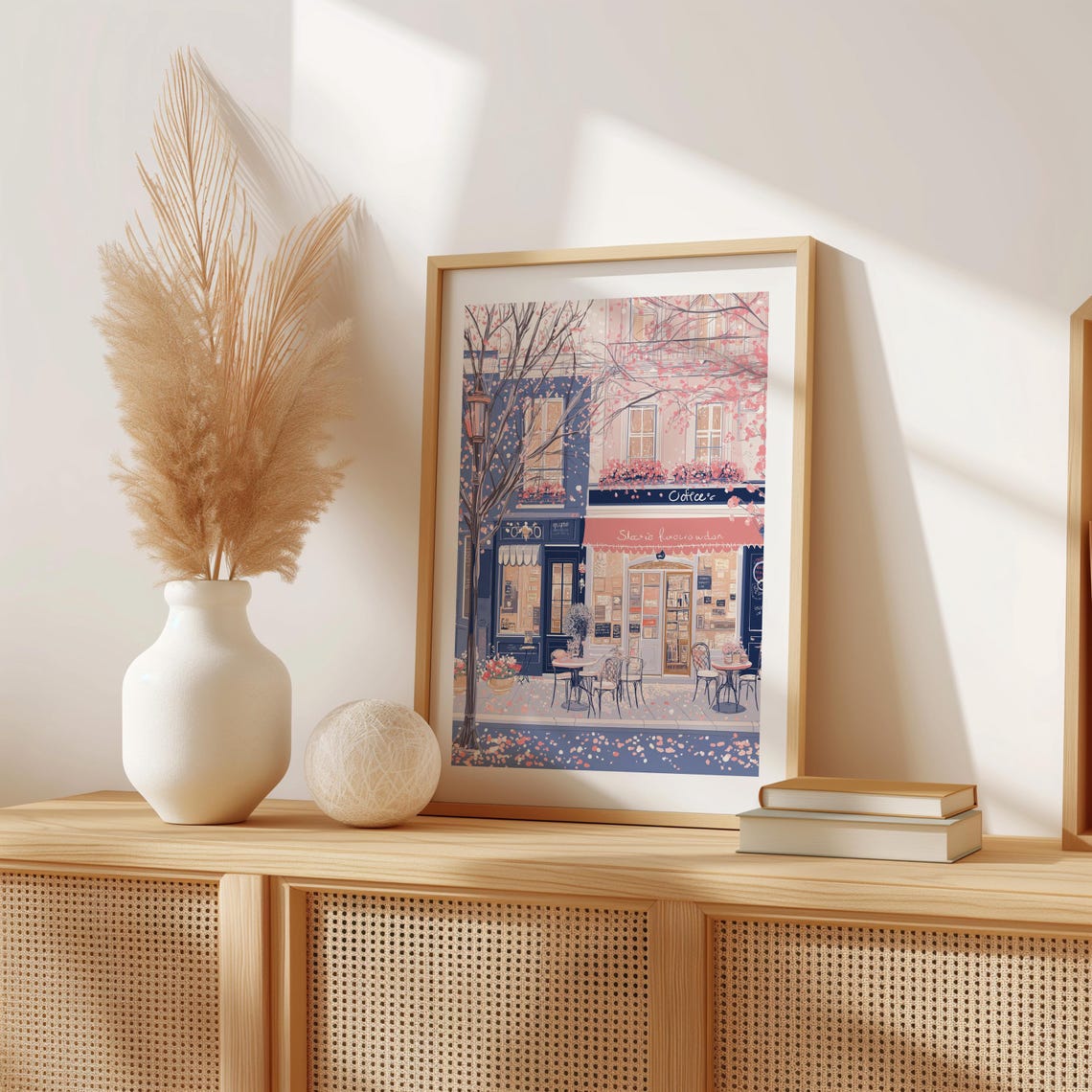 Coffee and Bookshop Row in a Spring Blossom Street Art Poster - Image 2
