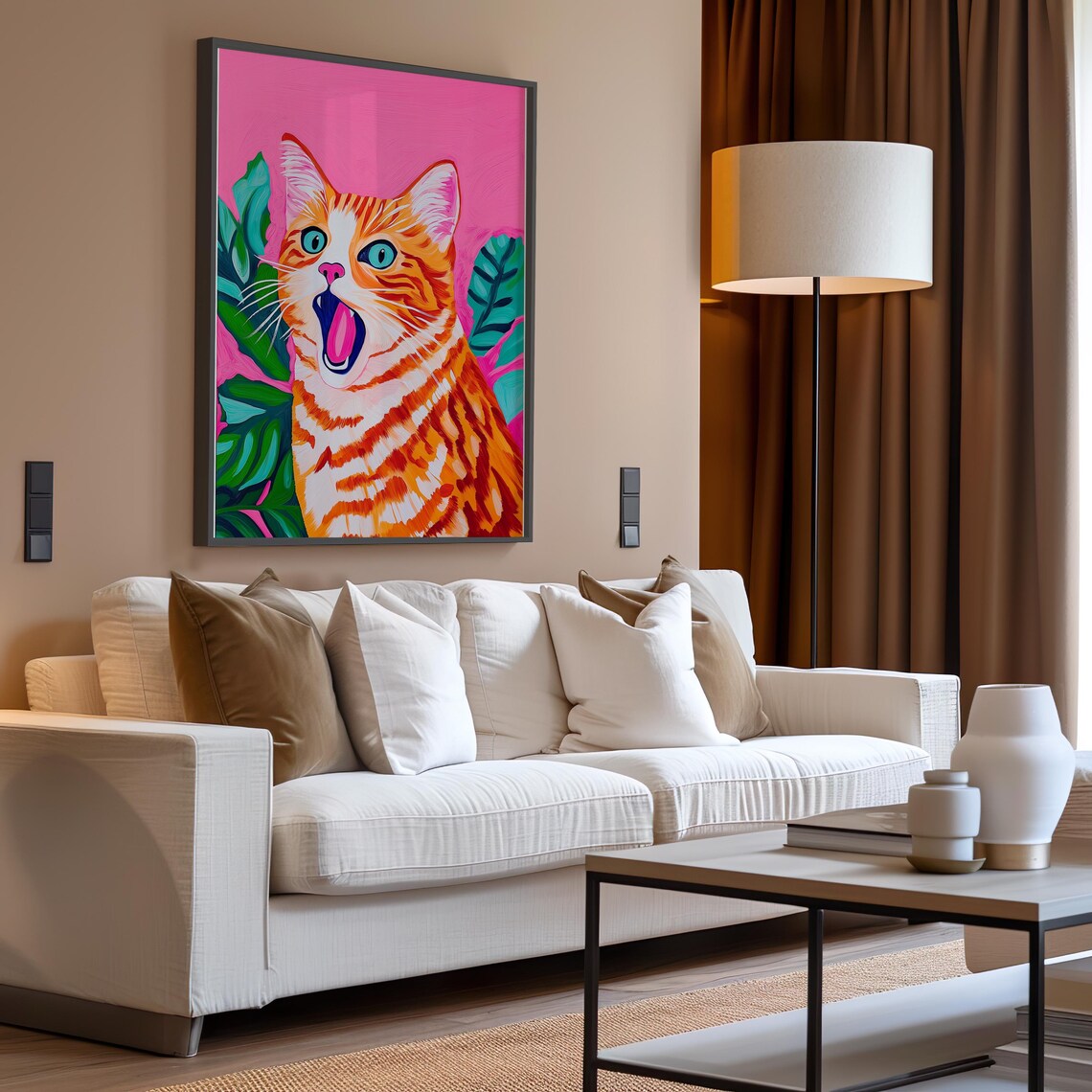 Yawning Orange Tabby Cat With Big Blue Eyes On Pink Art Poster - Image 3