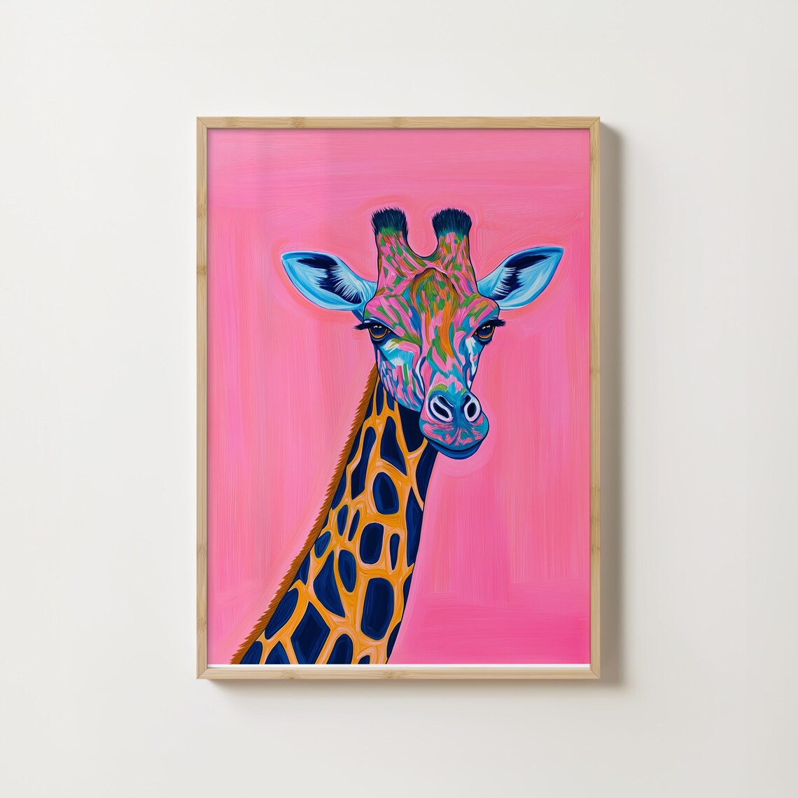 Neon Pop Art Giraffe Portrait On A Bright Pink Background Poster