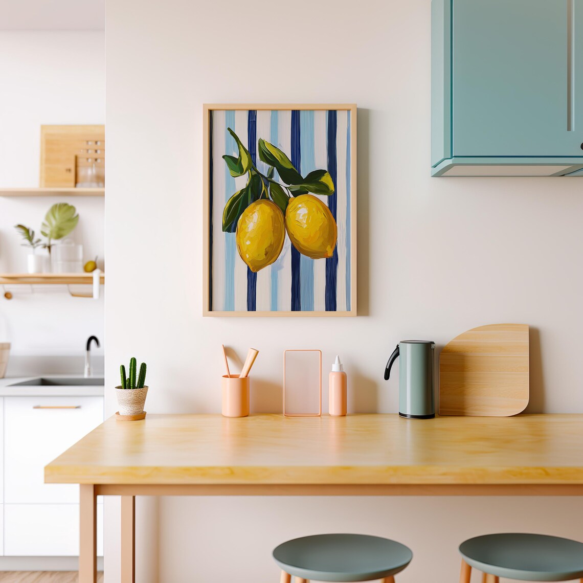 Two Ripe Yellow Lemons On A Branch Over Blue Striped Canvas Poster - Image 3