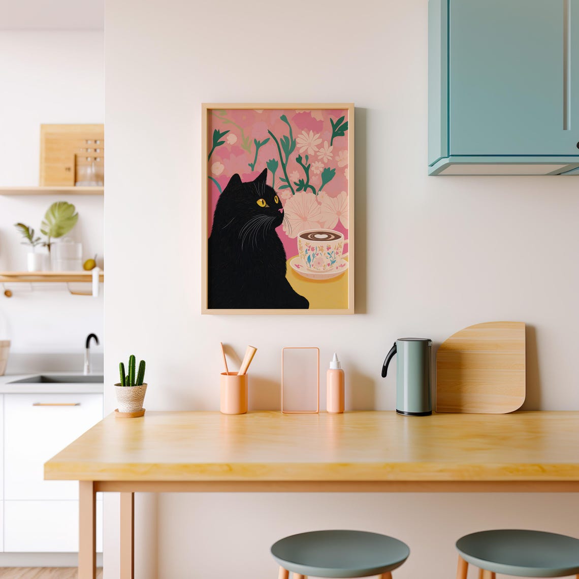 Black Cat Beside A Coffee Cup On A Pink Floral Background Poster - Image 2