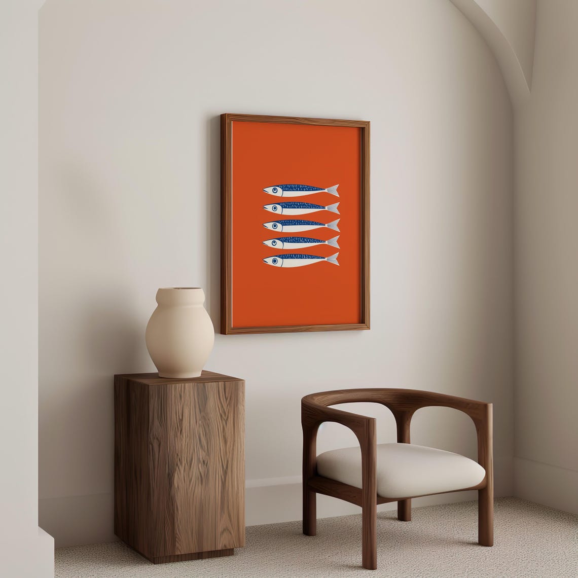 Five Blue And White Sardines In A Row On Orange Background Poster - Image 4