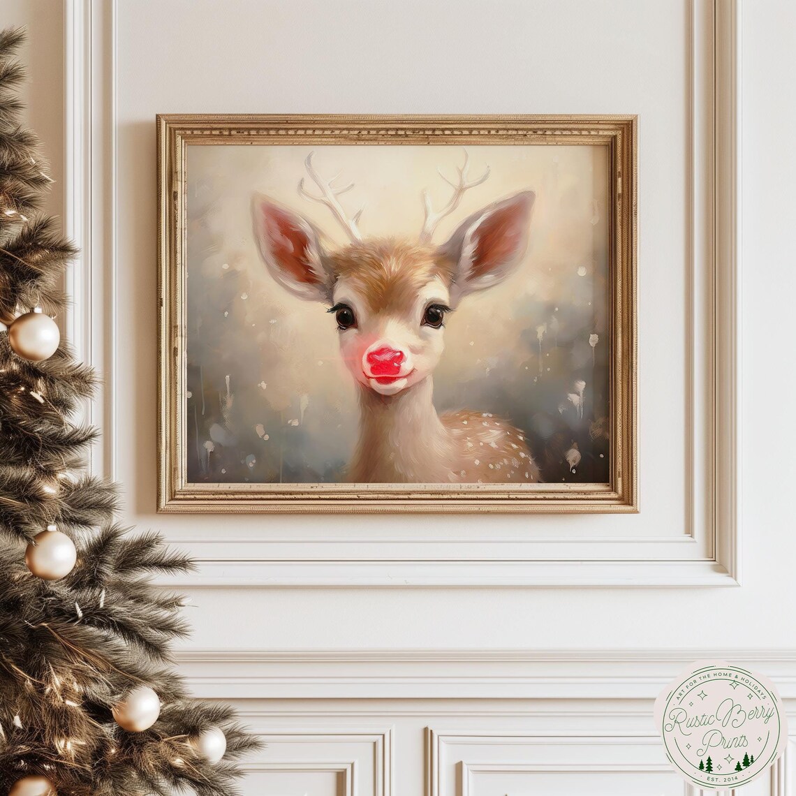 Cute Red Nosed Reindeer Fawn Vintage Christmas Holiday Animal Poster