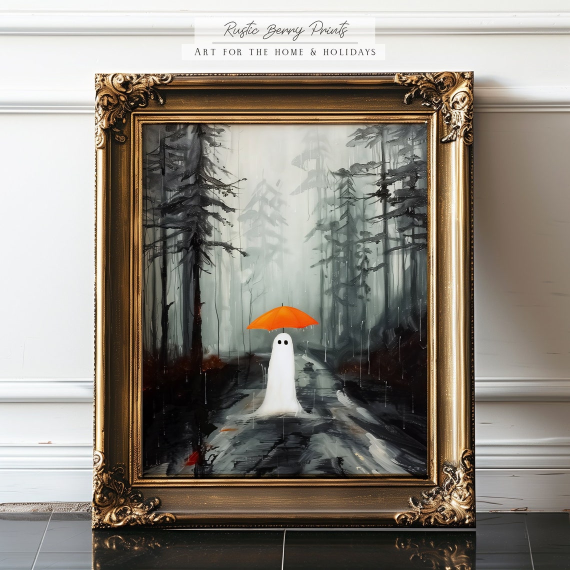 Ghost With Orange Umbrella in Foggy Forest Spooky Cute Poster