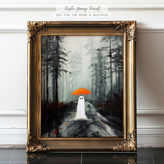 Ghost In Rain Painting Wall Art Ghost Orange Umbrella Moody Forest Halloween Decor Vintage Print Spooky