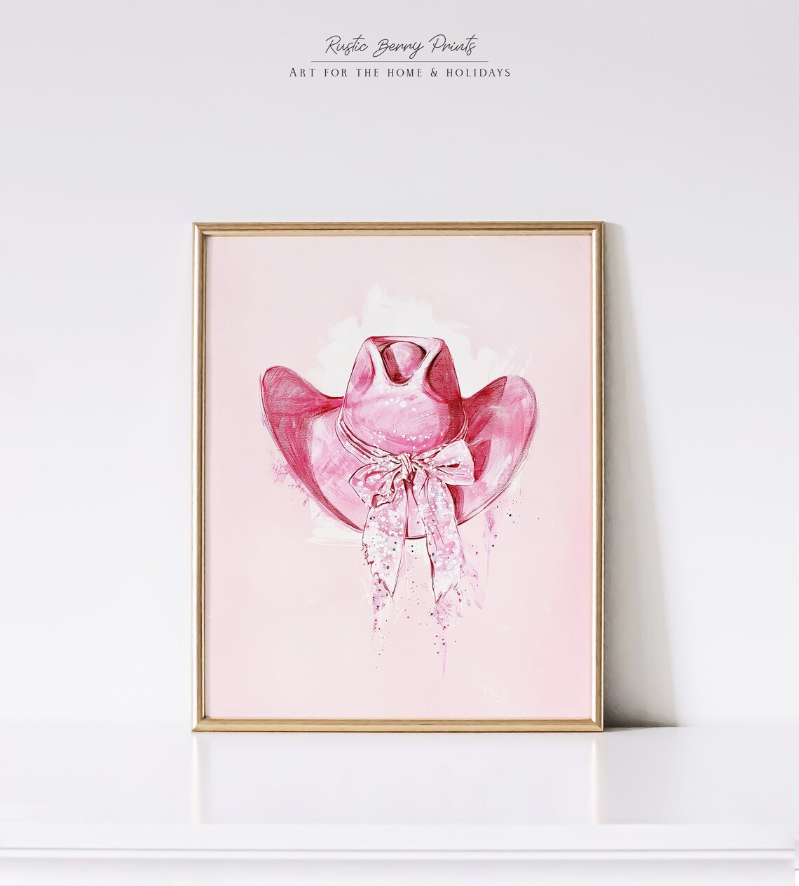 Pink Cowboy Hat With Ribbon Bow Watercolor Western Style Wall Art