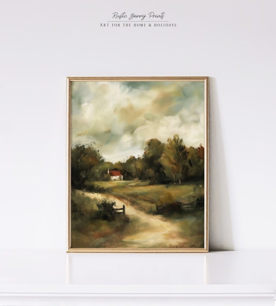 Cottage On Landscape Countryside Painting Wall Art Oil Painting Antique Print Farmhouse Decor
