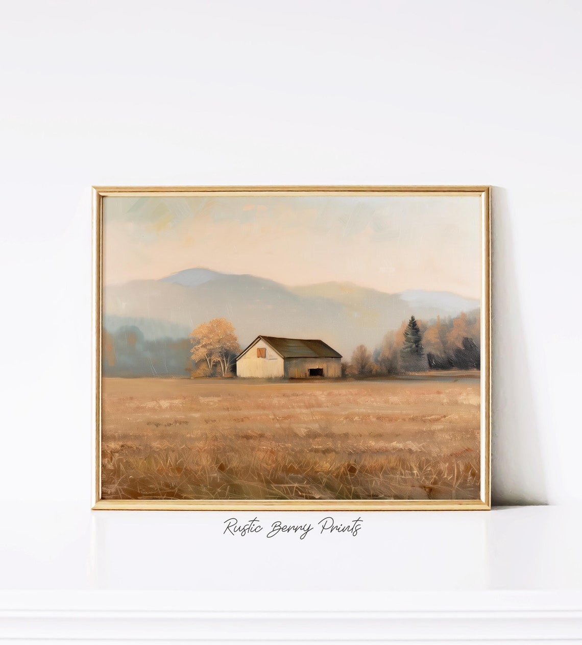 Rustic Barn Autumn Golden Field Misty Mountain Farm Wall Print
