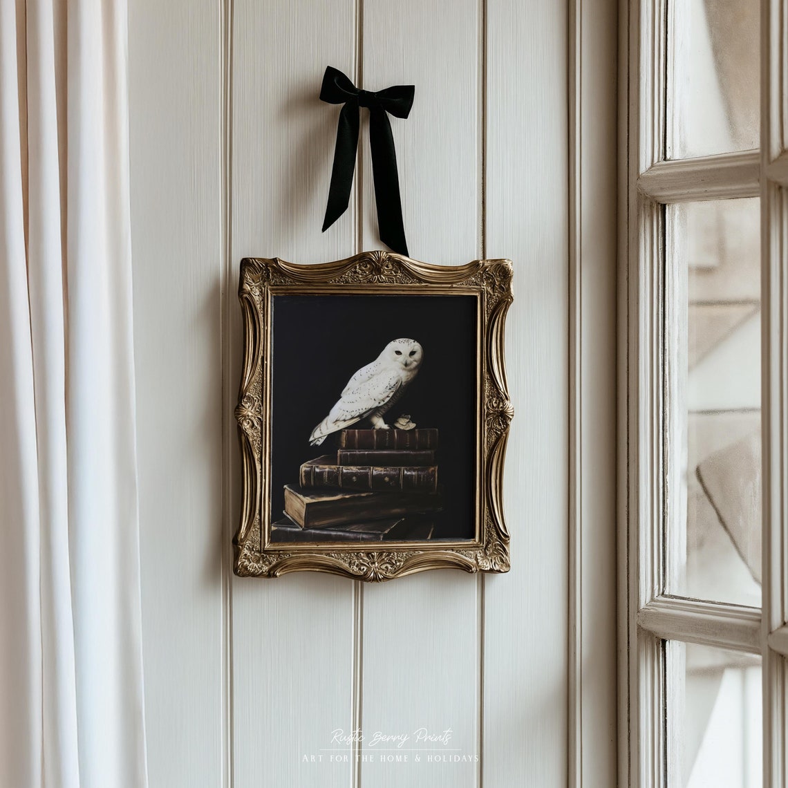 Snowy Owl Perched On Vintage Books Dark Moody Library Wall Art Print