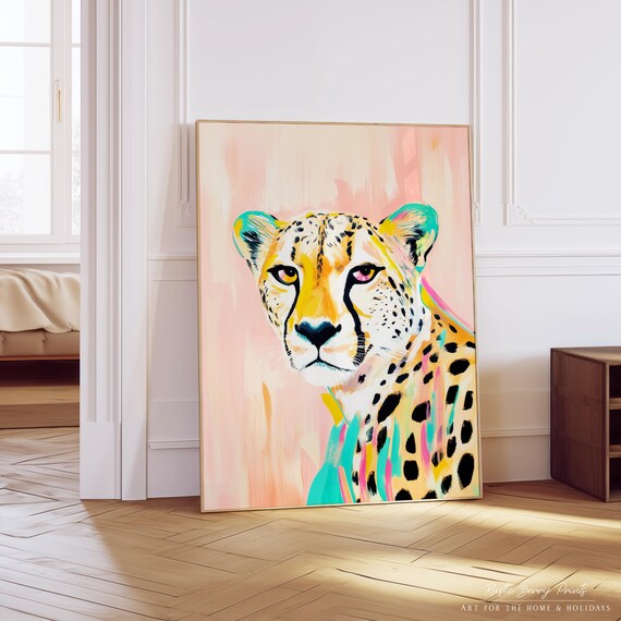 Colorful Cheetah Portrait Pop Art Peach Blush Maximalist Wall Art Poster