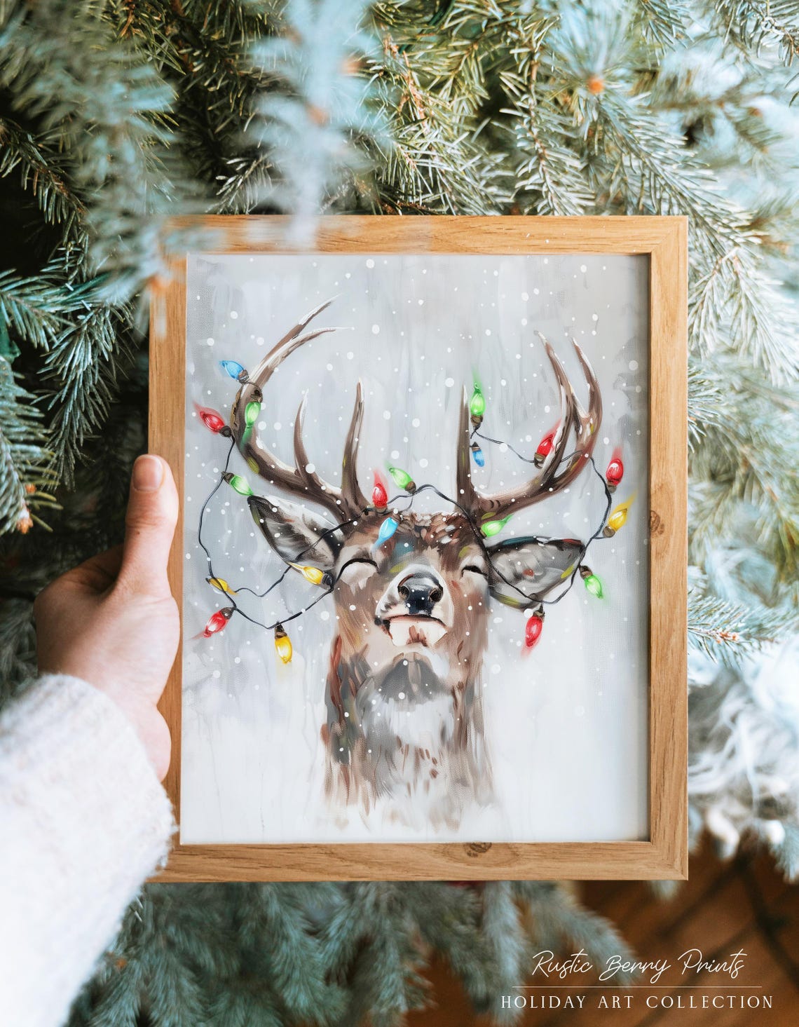 Smiling Stag with Christmas Lights in Falling Snow Holiday Art Poster