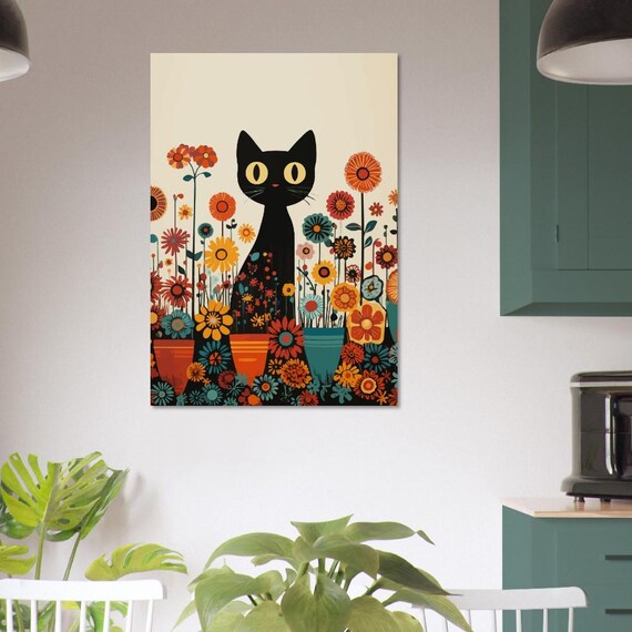 Black Cat Sitting Among Colorful Retro Flowers Folk Art Poster