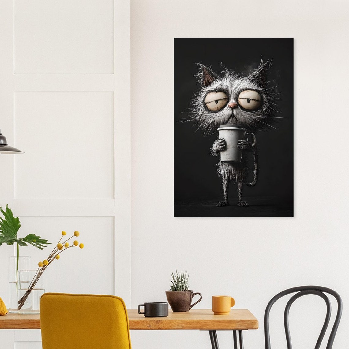 Tired Grumpy Cat With Coffee Mug Funny Dark Wall Decor Poster - Image 2