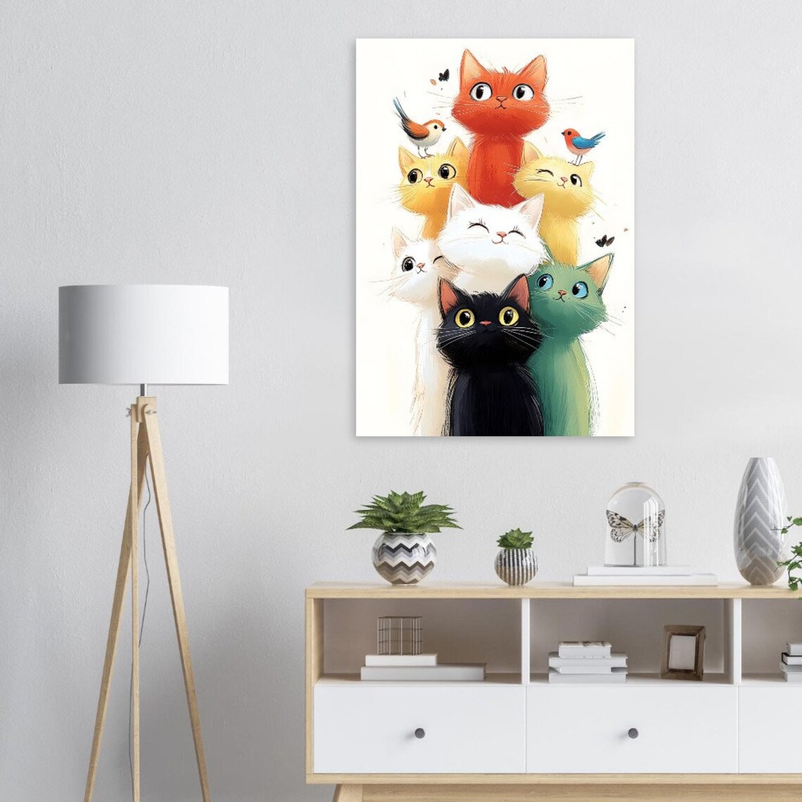 Stack Of Cute Colorful Cats With Birds Playful Nursery Decor Poster - Image 2