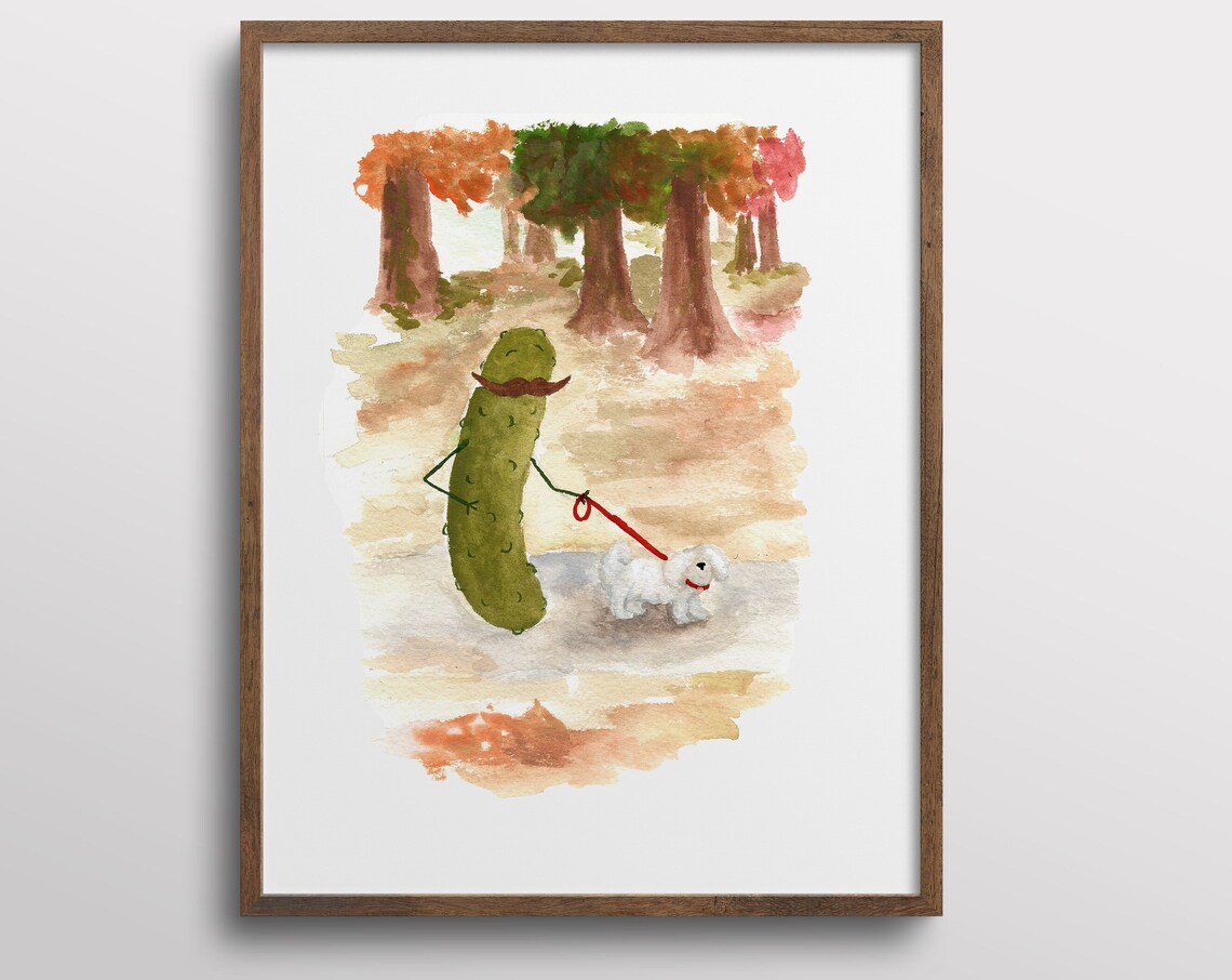 Whimsical Pickle Walking A Dog In The Park Art Print