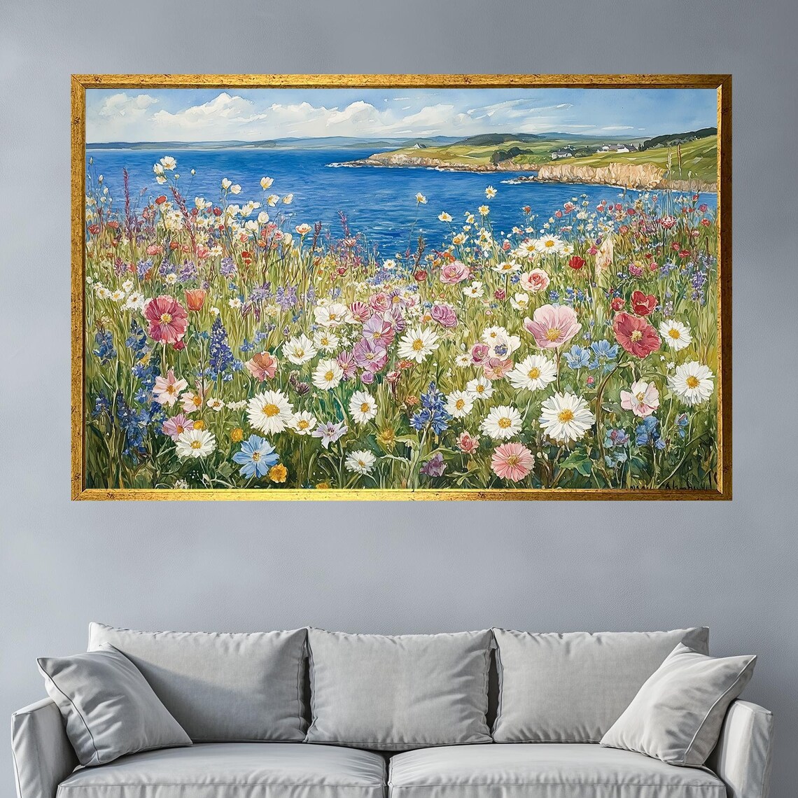 Coastal Wildflower Meadow Ocean Cliffs Colorful Landscape Poster