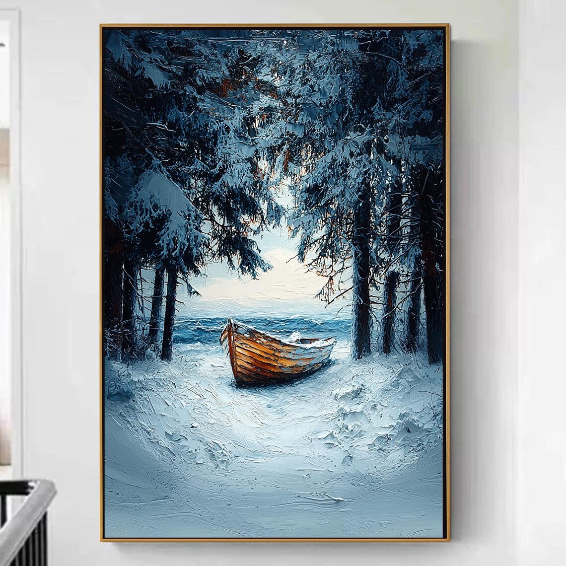 Wooden Boat Snowy Shore Pine Forest Winter Impasto Art Poster