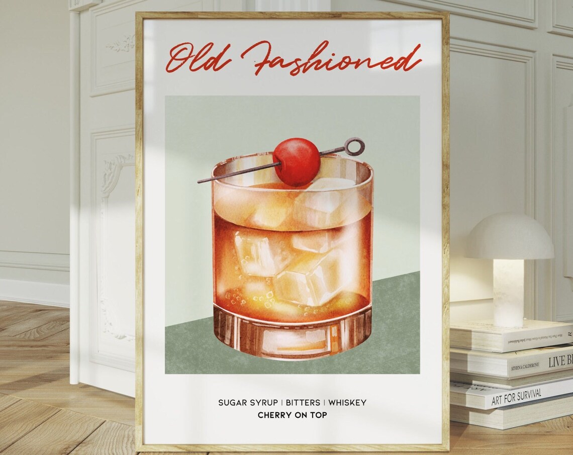 Old Fashioned Cocktail Recipe Retro Bar Decor Classic Whiskey Print