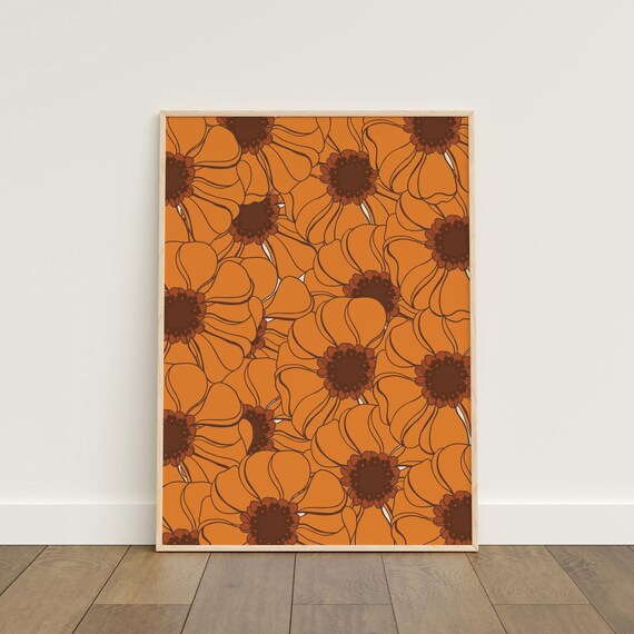 Retro Orange Wildflower Floral Pattern Vintage 70s Botanical Poster