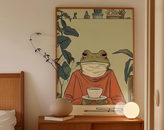 Frog And Coffee Wall Art Retro Funky Frog Wall Print Trendy 70s Self Care Print Mental Health Zen Poster Cottagecore Vibe Wall Decor