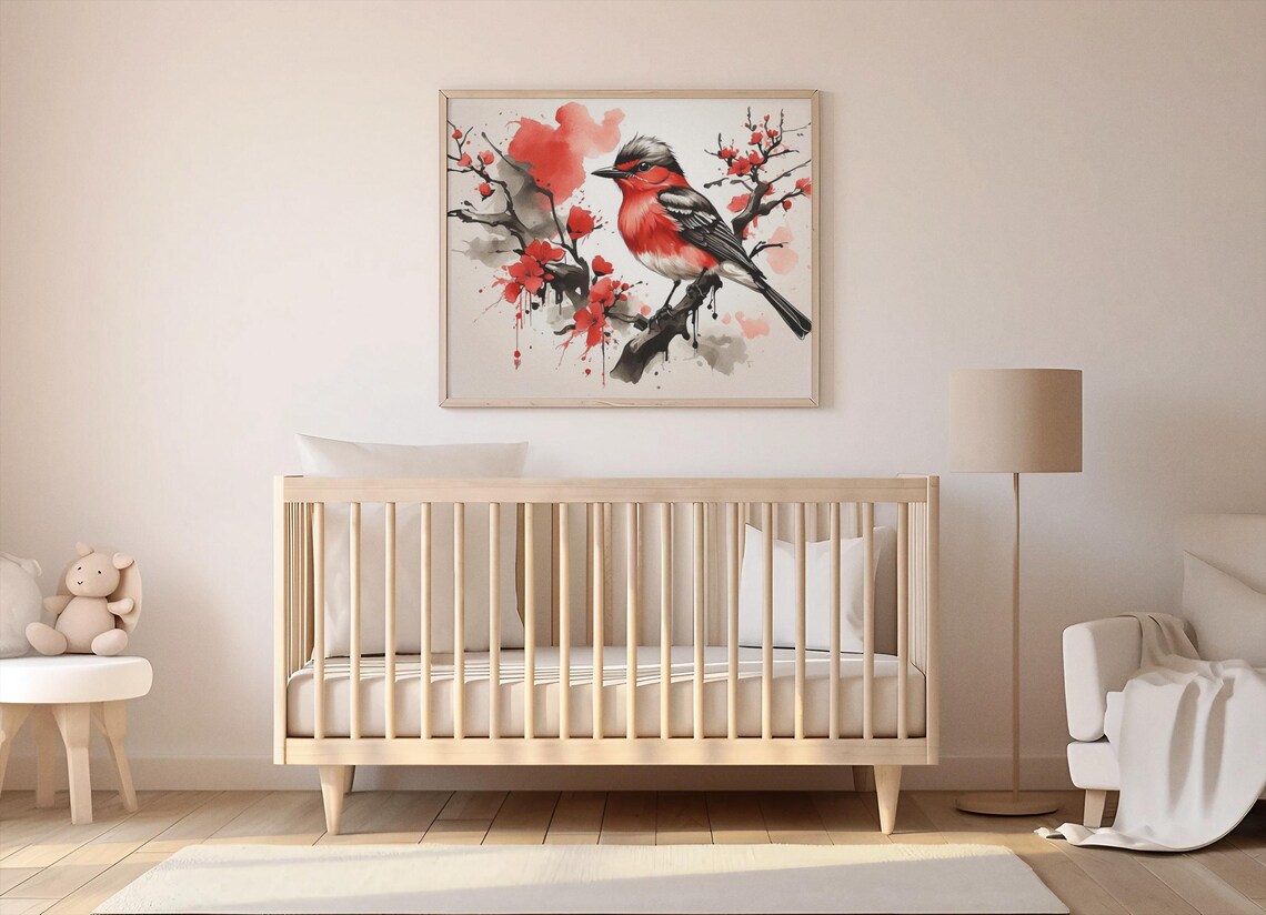 Scarlet Songbird On Cherry Blossom Branch Japanese Ink Art Poster - Image 4
