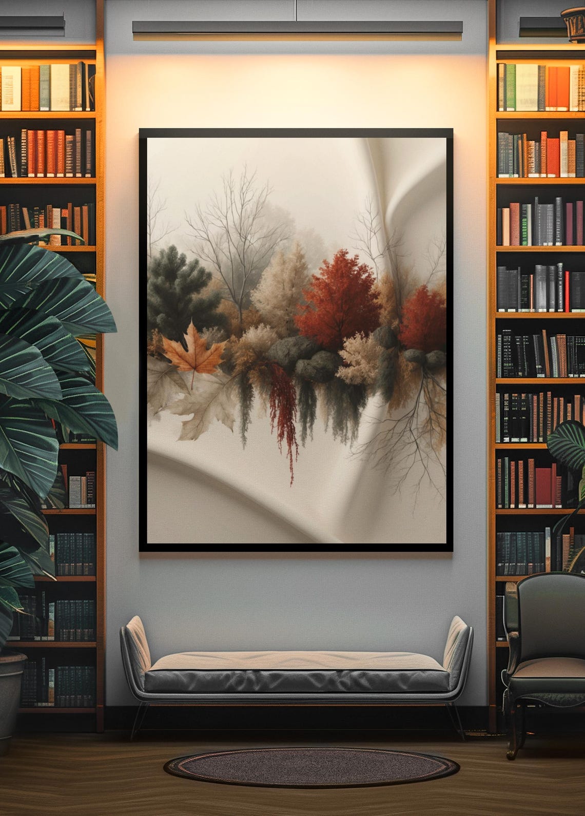 Misty Autumn Forest With Red Maples On White Minimalist Wall Poster - Image 4