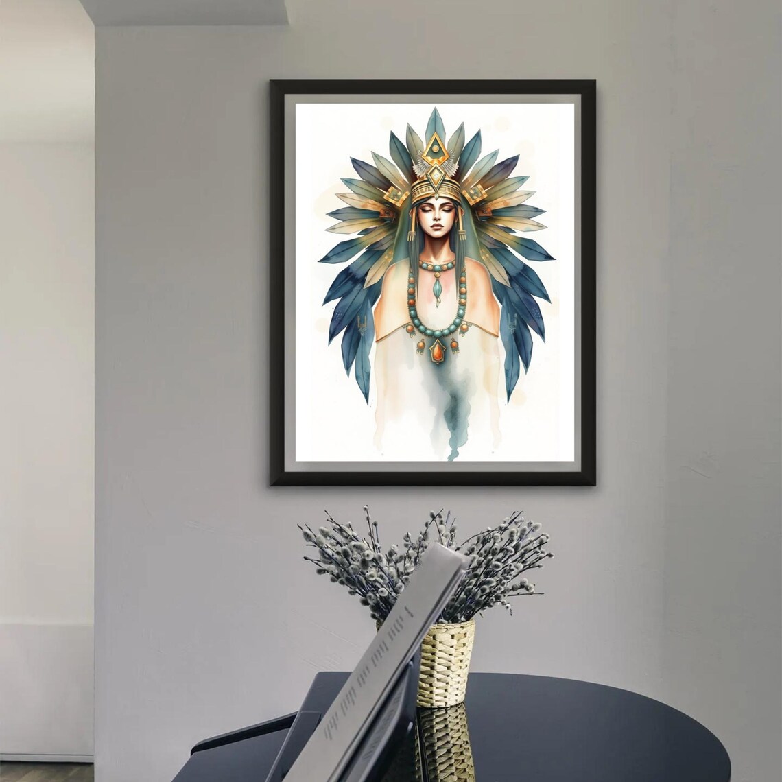 Aztec Queen Watercolor Feather Headdress Turquoise Jewelry Regal Poster - Image 3