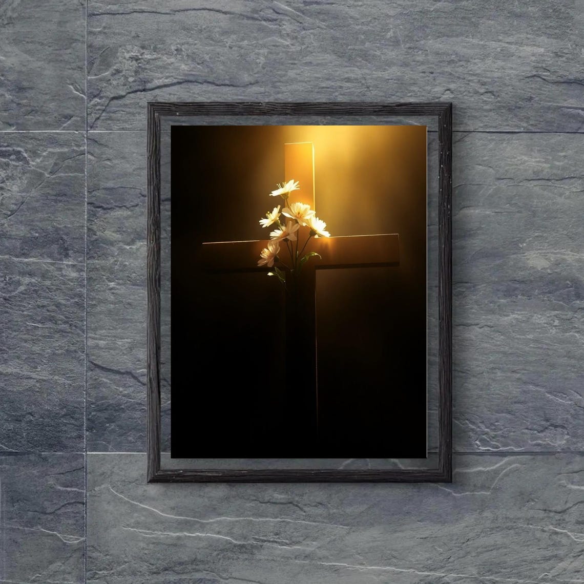 Wooden Cross With White Daisies In Golden Light Christian Wall Poster